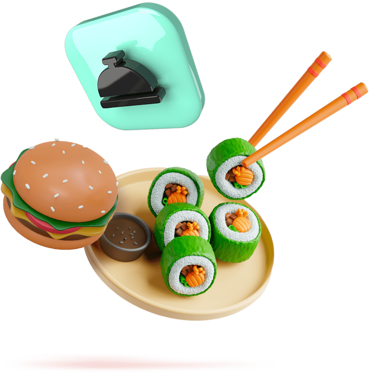 Assortiment d’objets représentant le déjeuner dont des sushis et un hamburger